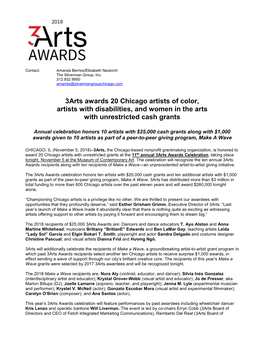 3Arts Awards 20 Chicago Artists of Color, Artists with Disabilities, and Women in the Arts with Unrestricted Cash Grants