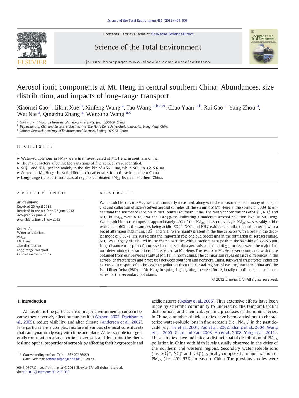 Aerosol Ionic Components at Mt. Heng in Central Southern China: Abundances, Size Distribution, and Impacts of Long-Range Transport