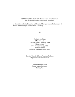 Mobile Phones, Social Transformation, and the Reproduction of Power in the Philippines a Dissertation Submitted