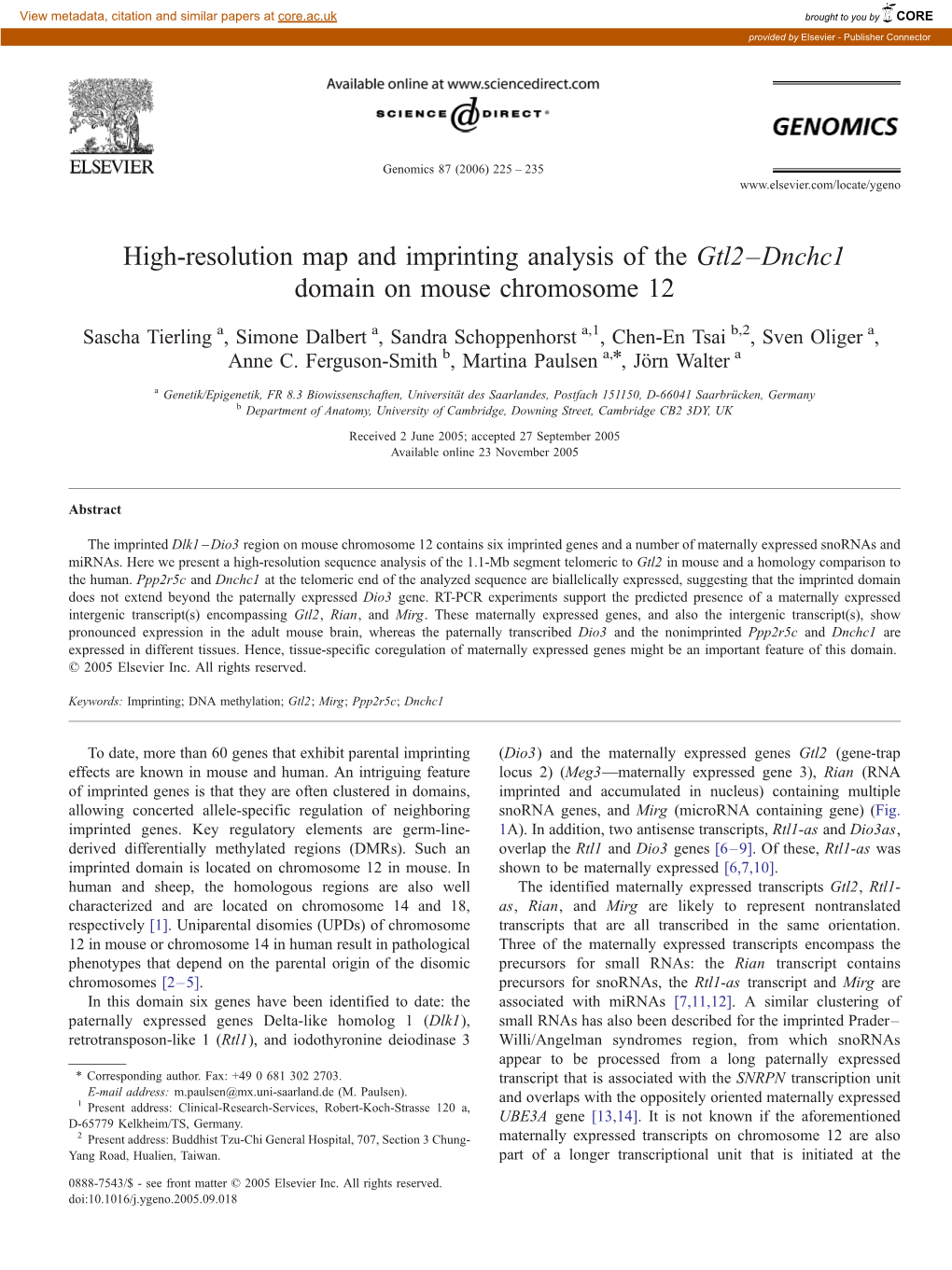 High-Resolution Map and Imprinting Analysis of the Gtl2–Dnchc1 Domain on Mouse Chromosome 12