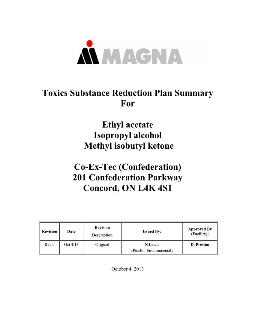 Toxics Substance Reduction Plan Summary for Ethyl Acetate