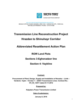 Transmission Line Reconstruction Project Hrazdan to Shinuhayr Corridor Abbreviated Resettlement Action Plan