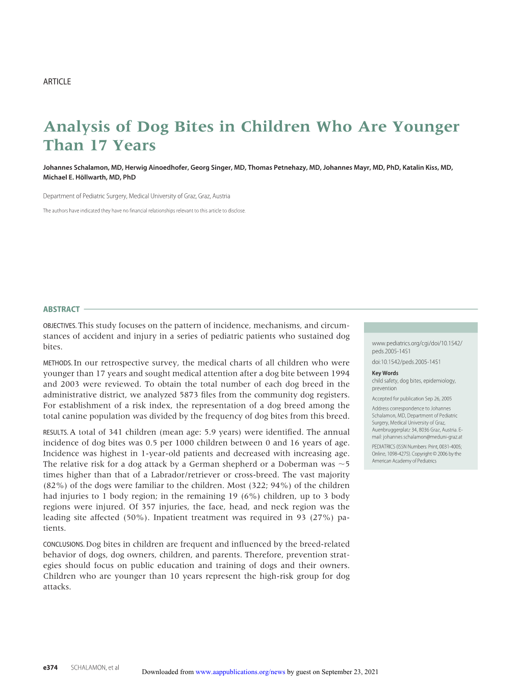 Analysis of Dog Bites in Children Who Are Younger Than 17 Years