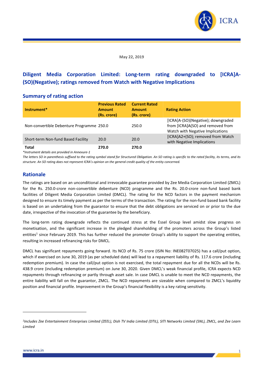 Diligent Media Corporation Limited: Long-Term Rating Downgraded to [ICRA]A- (SO)(Negative); Ratings Removed from Watch with Negative Implications