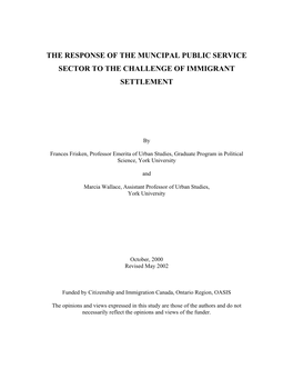 The Response of the Muncipal Public Service Sector to the Challenge of Immigrant Settlement