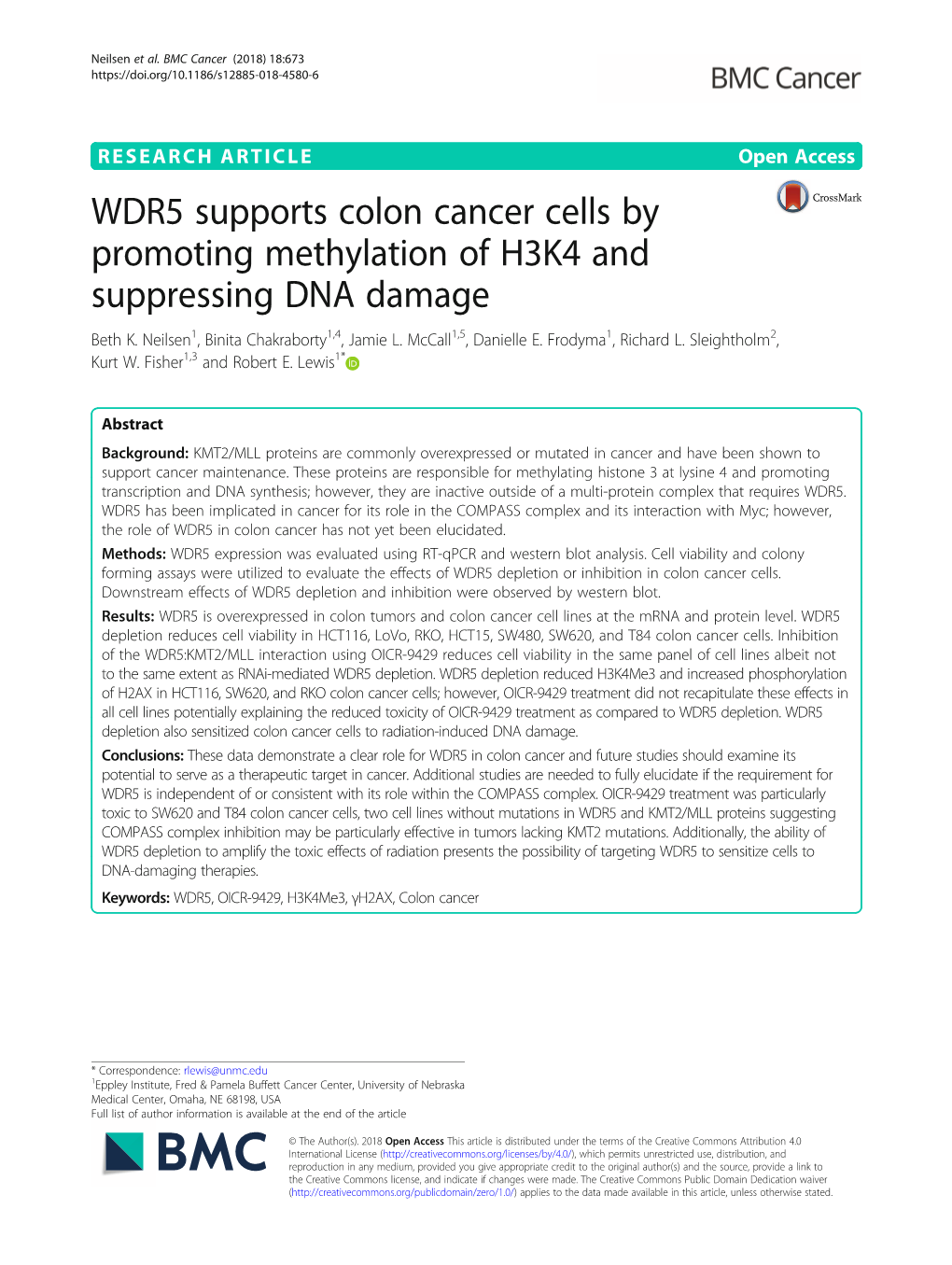 WDR5 Supports Colon Cancer Cells by Promoting Methylation of H3K4 and Suppressing DNA Damage Beth K