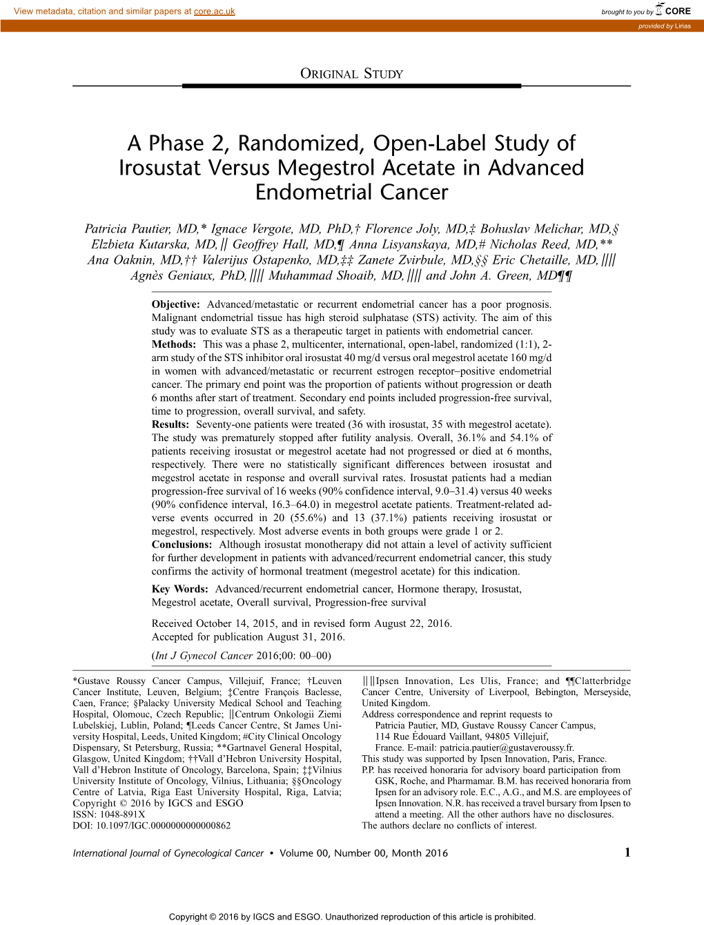 A Phase 2, Randomized, Open-Label Study of Irosustat Versus Megestrol Acetate in Advanced Endometrial Cancer