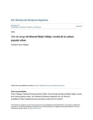 Aire De Tango De Manuel Mejía Vallejo: Novela De La Cultura Popular Urban