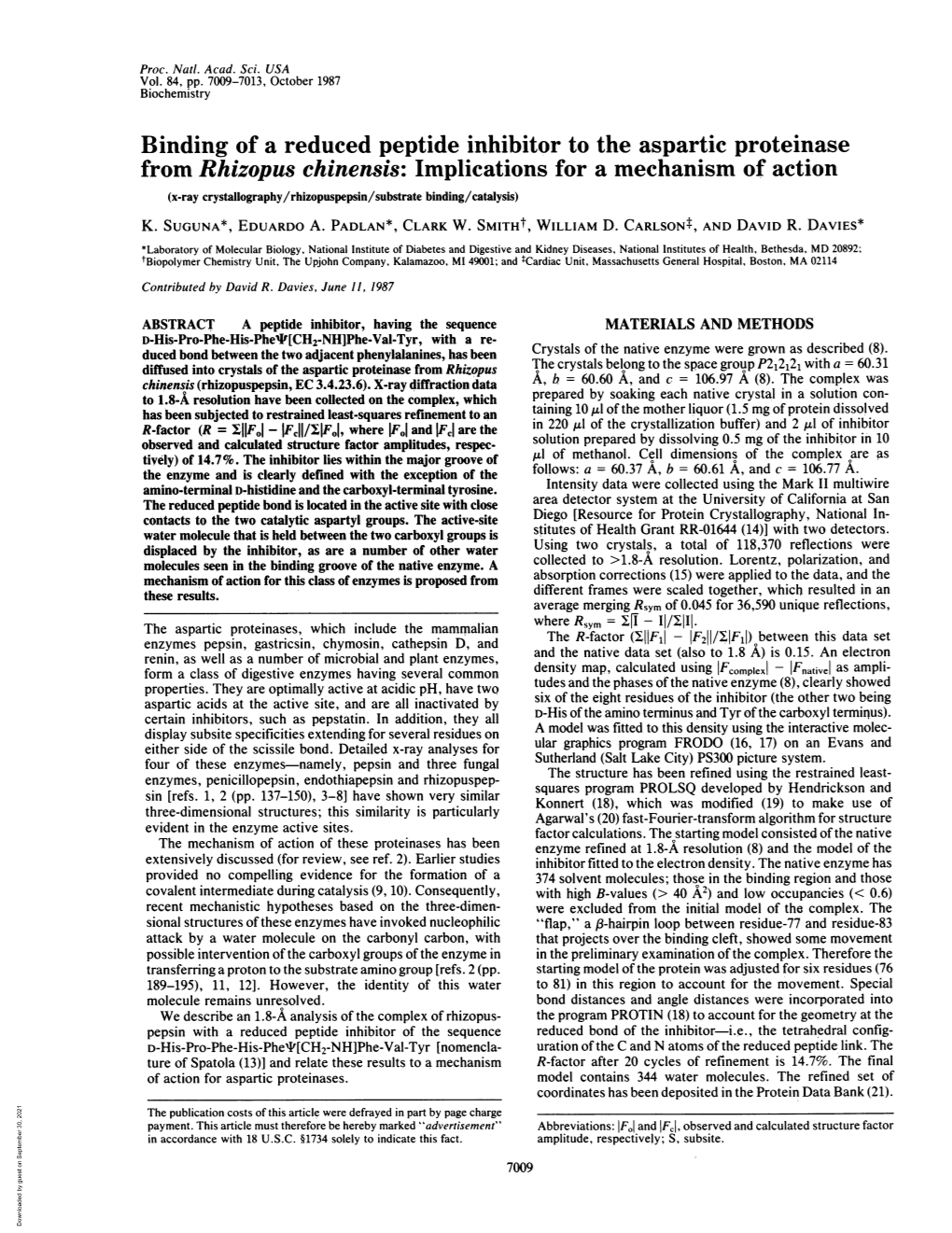 Binding of a Reduced Peptide Inhibitor to the Aspartic Proteinase