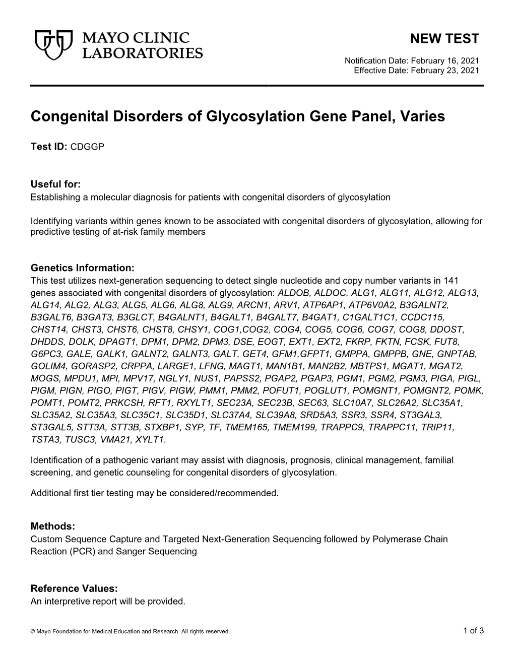 Congenital Disorders of Glycosylation Gene Panel, Varies