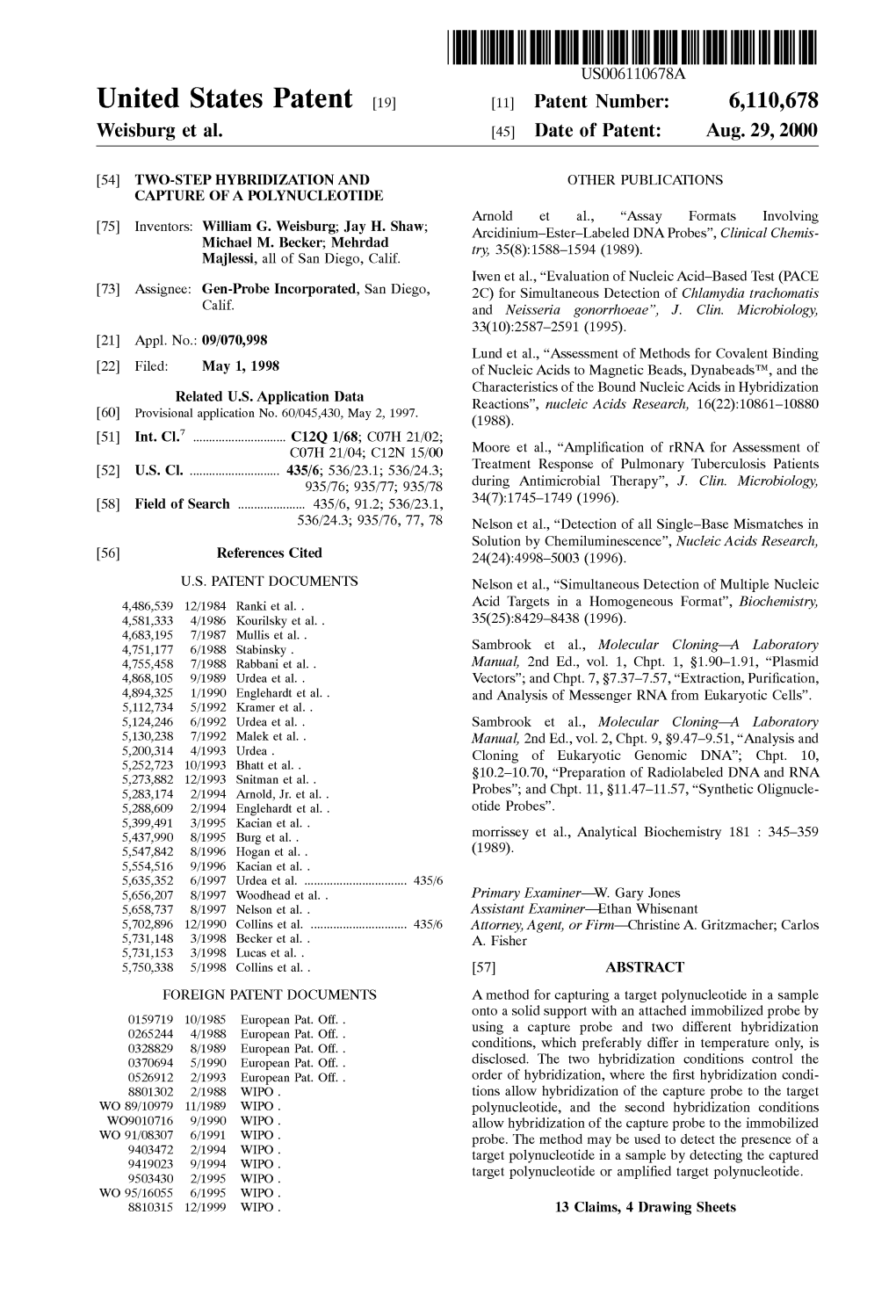 United States Patent (19) 11 Patent Number: 6,110,678 Weisburg Et Al