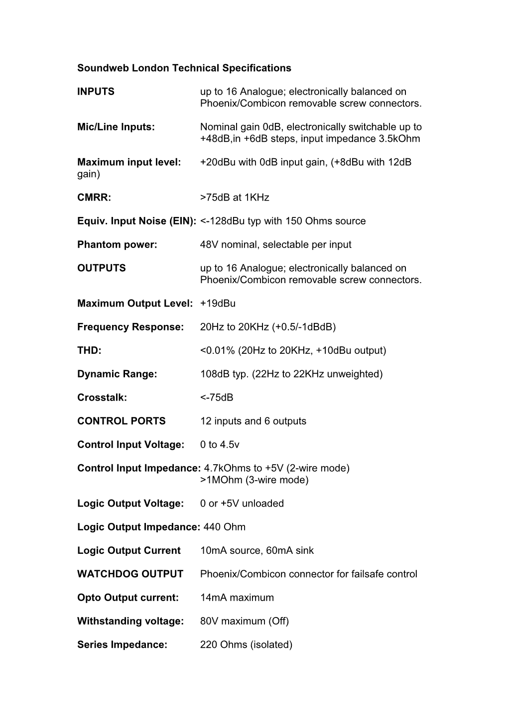 Soundweb London Technical Specifications