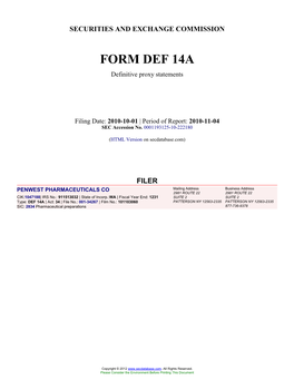 PENWEST PHARMACEUTICALS CO (Form: DEF 14A, Filing Date: 10/01/2010)