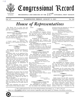 Congressional Record United States Th of America PROCEEDINGS and DEBATES of the 117 CONGRESS, FIRST SESSION