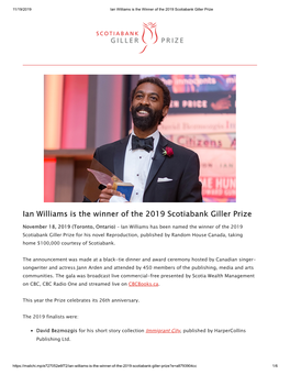 Ian Williams Is the Winner of the 2019 Scotiabank Giller Prize