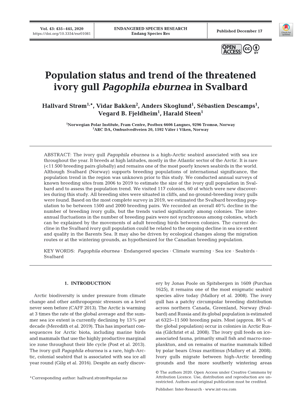 Population Status and Trend of the Threatened Ivory Gull Pagophila Eburnea in Svalbard