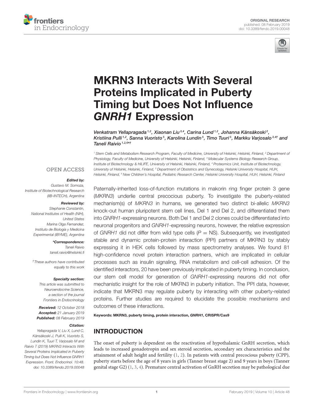 MKRN3 Interacts with Several Proteins Implicated in Puberty Timing but Does Not Influence GNRH1 Expression