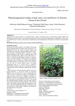 Pharmacognostical Studies of Leaf, Stem, Root and Flower of Abutilon Hirtum (Lam.) Sweet