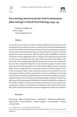 Decentering American Jesuit Anti-Communism: John Lafarge’S United Front Strategy, 1934–39