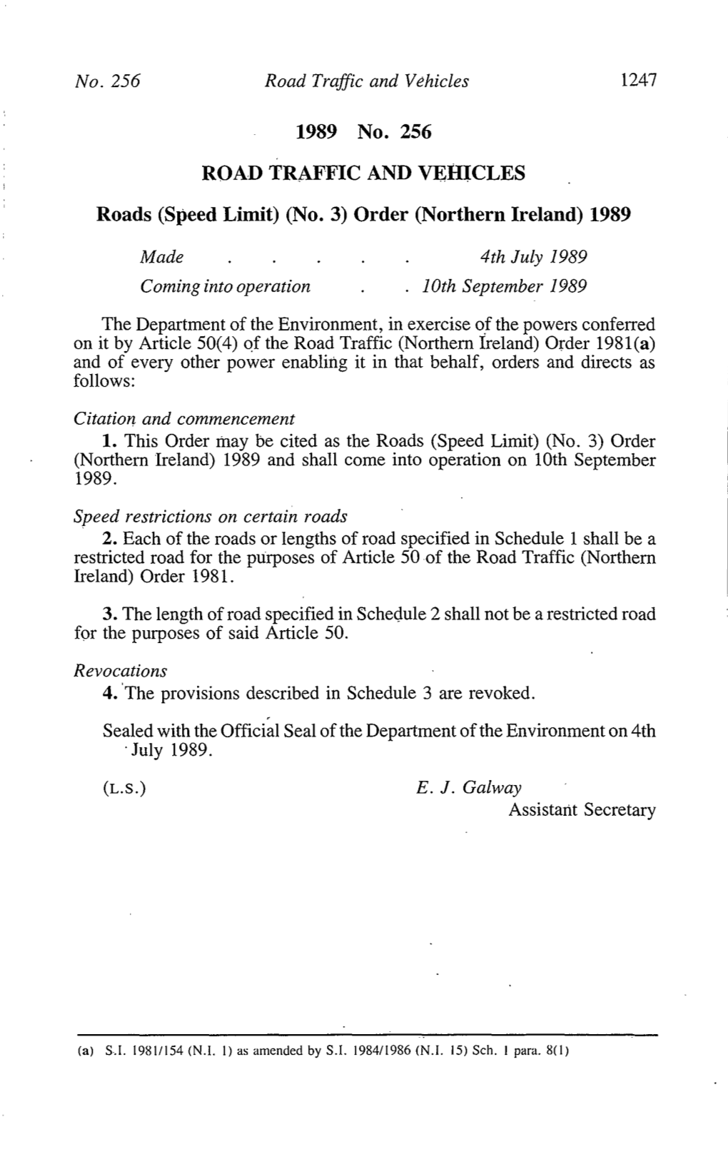 (Speed Limit) (No. 3) Order (Northern Ireland) 1989