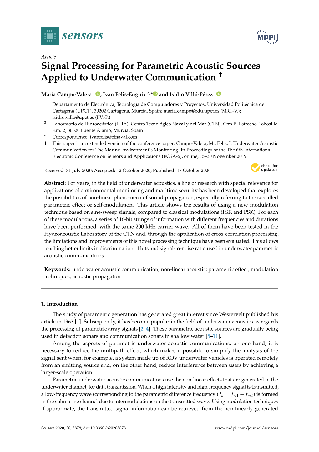 Signal Processing for Parametric Acoustic Sources Applied to Underwater Communication †