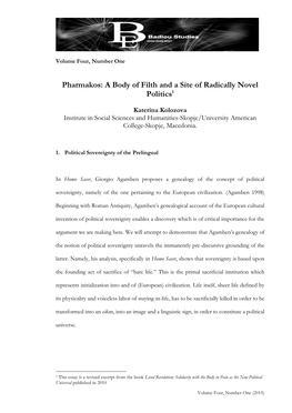 Pharmakos: a Body of Filth and a Site of Radically Novel Politics1