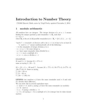 Introduction to Number Theory CS1800 Discrete Math; Notes by Virgil Pavlu; Updated November 5, 2018