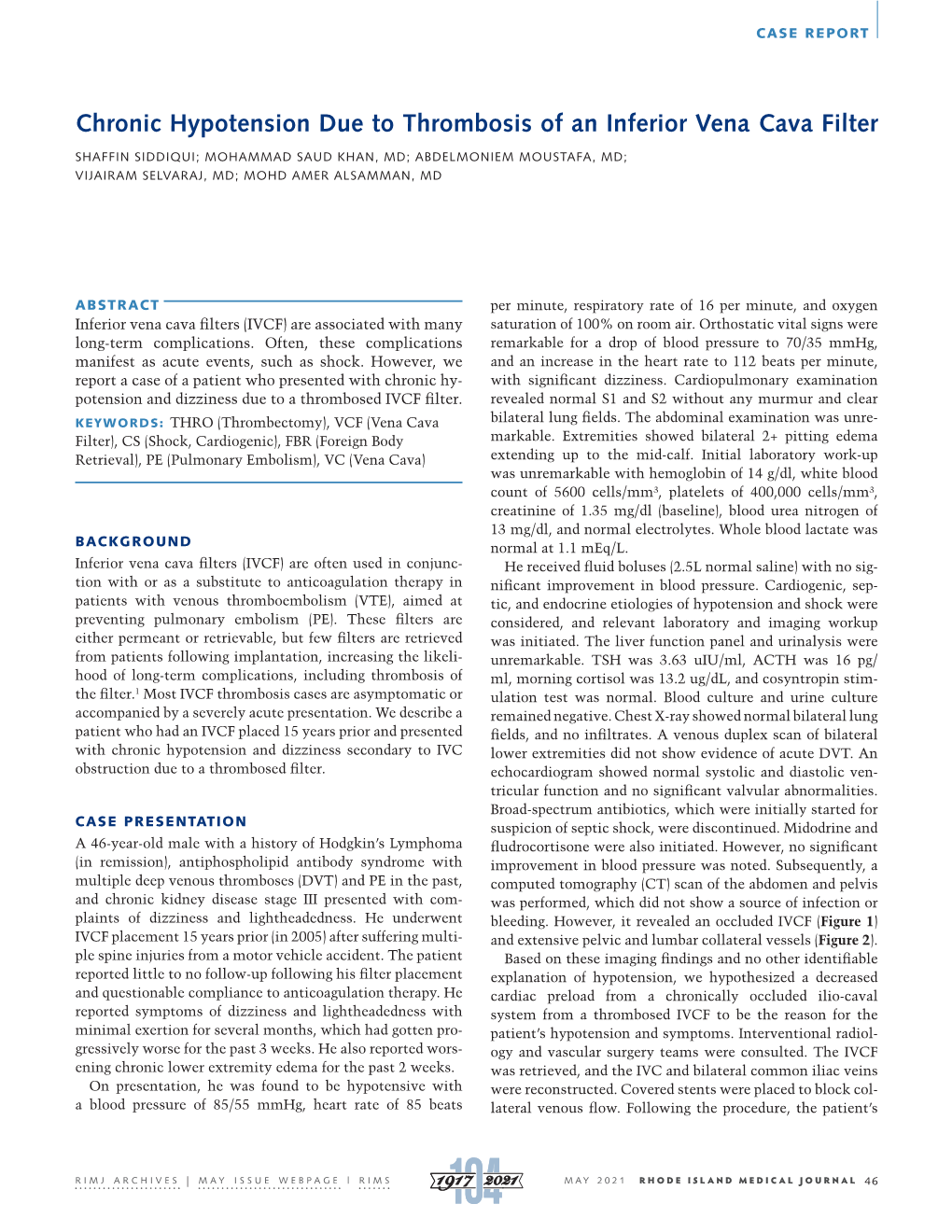 Chronic Hypotension Due to Thrombosis of an Inferior Vena Cava Filter