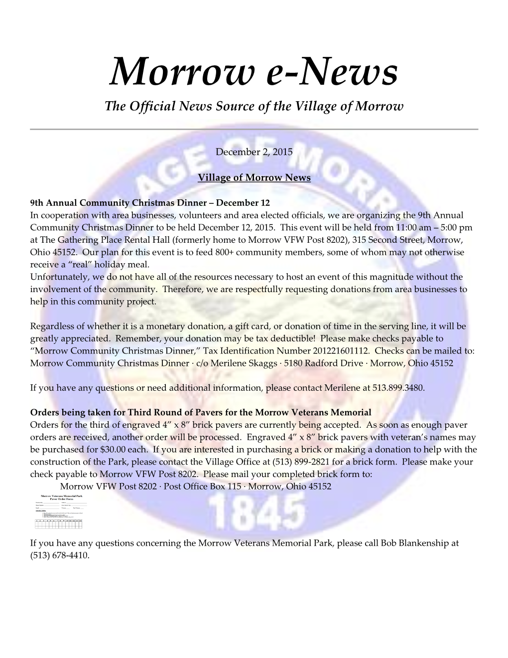 Morrow E-News the Official News Source of the Village of Morrow