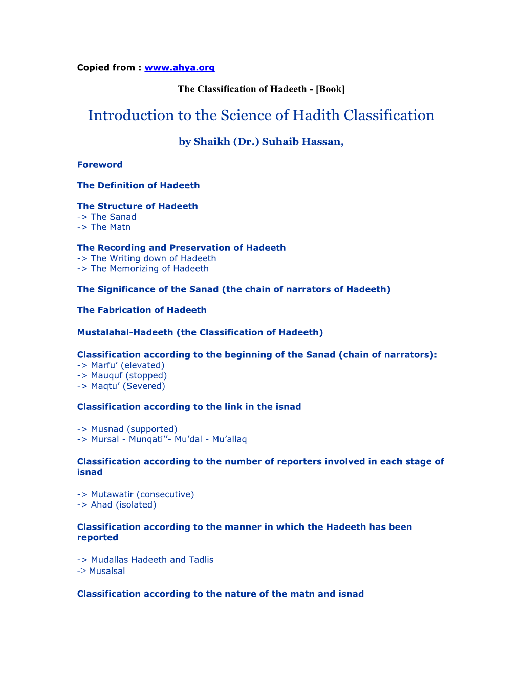 Introduction to the Science of Hadith Classification