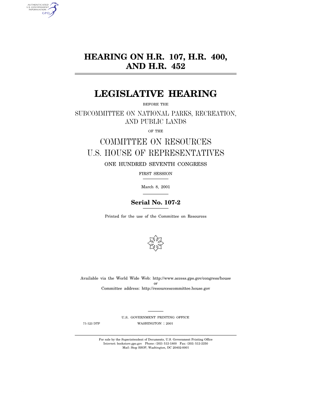 Legislative Hearing Committee on Resources U.S. House Of