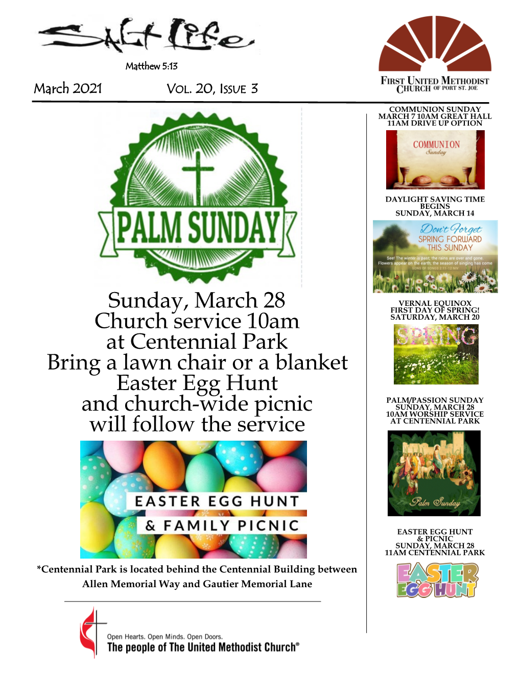 Sunday, March 28 Church Service 10Am at Centennial Park Bring A