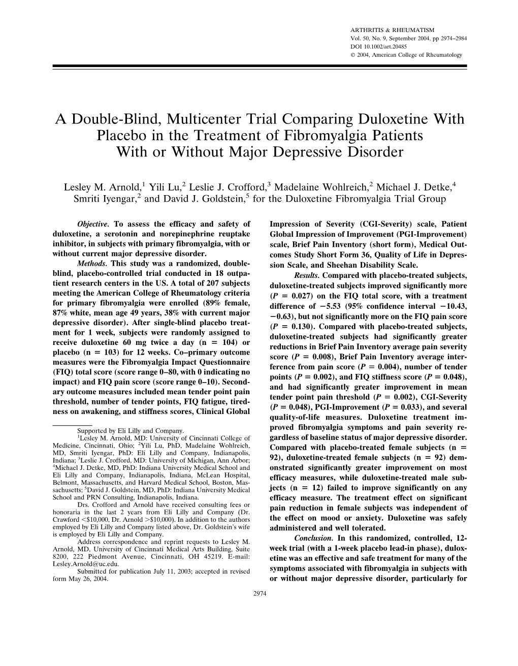 Duloxetine with Placebo in the Treatment of Fibromyalgia Patients with Or Without Major Depressive Disorder