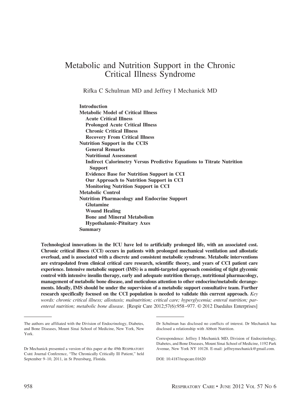 Metabolic and Nutrition Support in the Chronic Critical Illness Syndrome