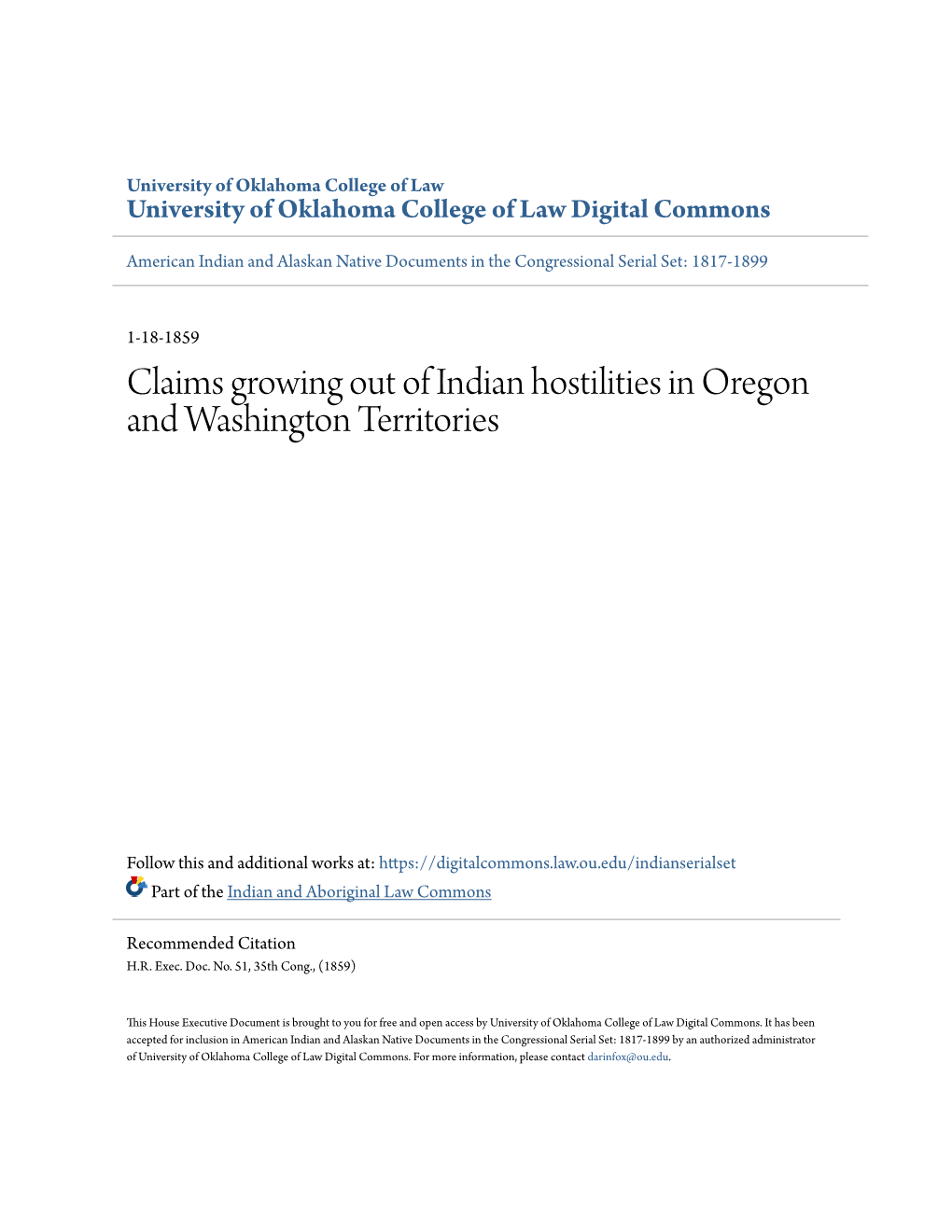 Claims Growing out of Indian Hostilities in Oregon and Washington Territories