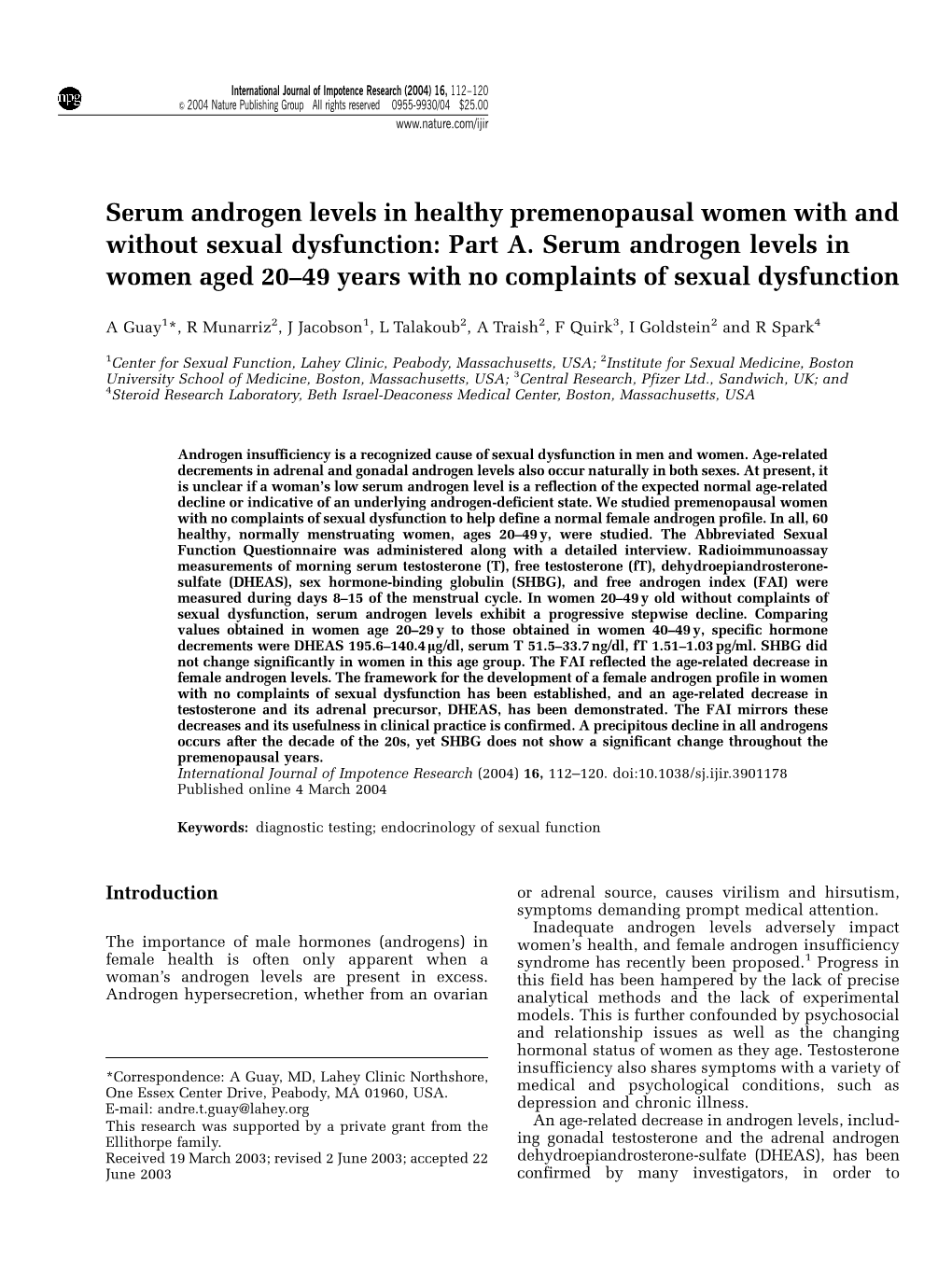 Part A. Serum Androgen Levels in Women Aged 20–49 Years with No Complaints of Sexual Dysfunction