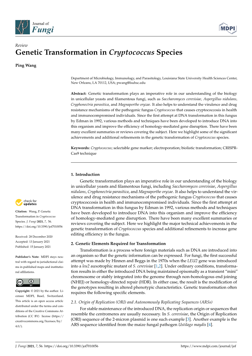 Genetic Transformation in Cryptococcus Species