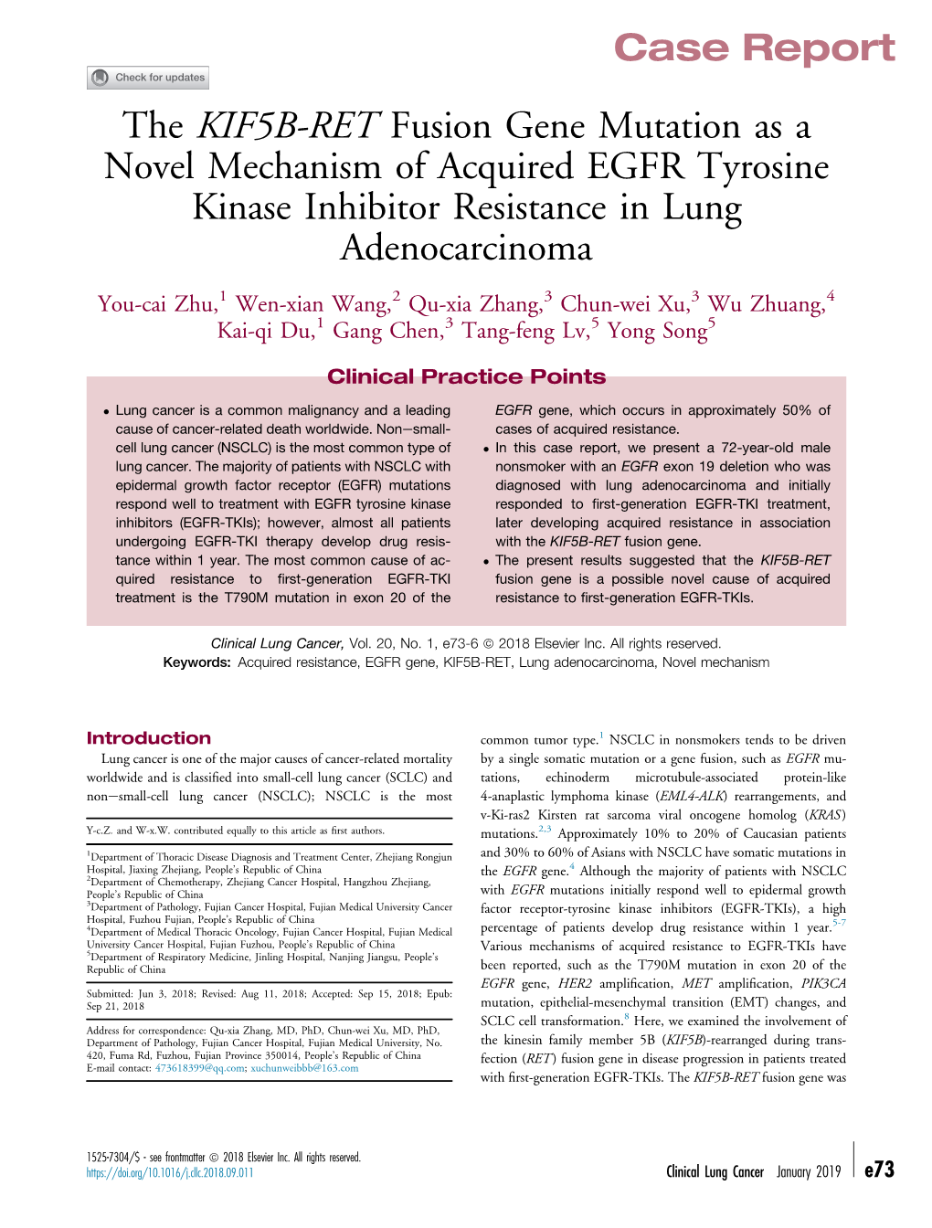 The KIF5B-RET Fusion Gene Mutation As a Novel Mechanism of Acquired EGFR Tyrosine Kinase Inhibitor Resistance in Lung Adenocarcinoma