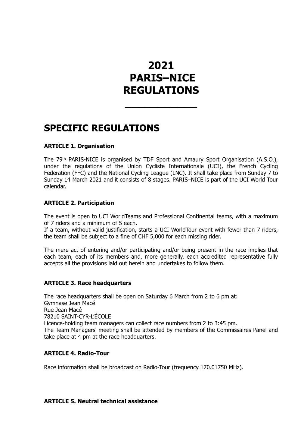 2021 Paris–Nice Regulations ______