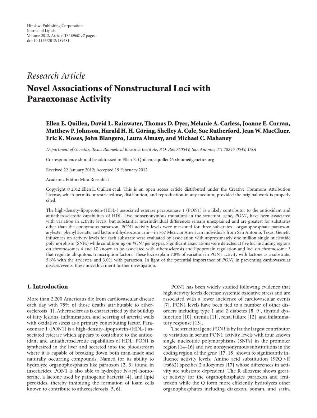 Novel Associations of Nonstructural Loci with Paraoxonase Activity