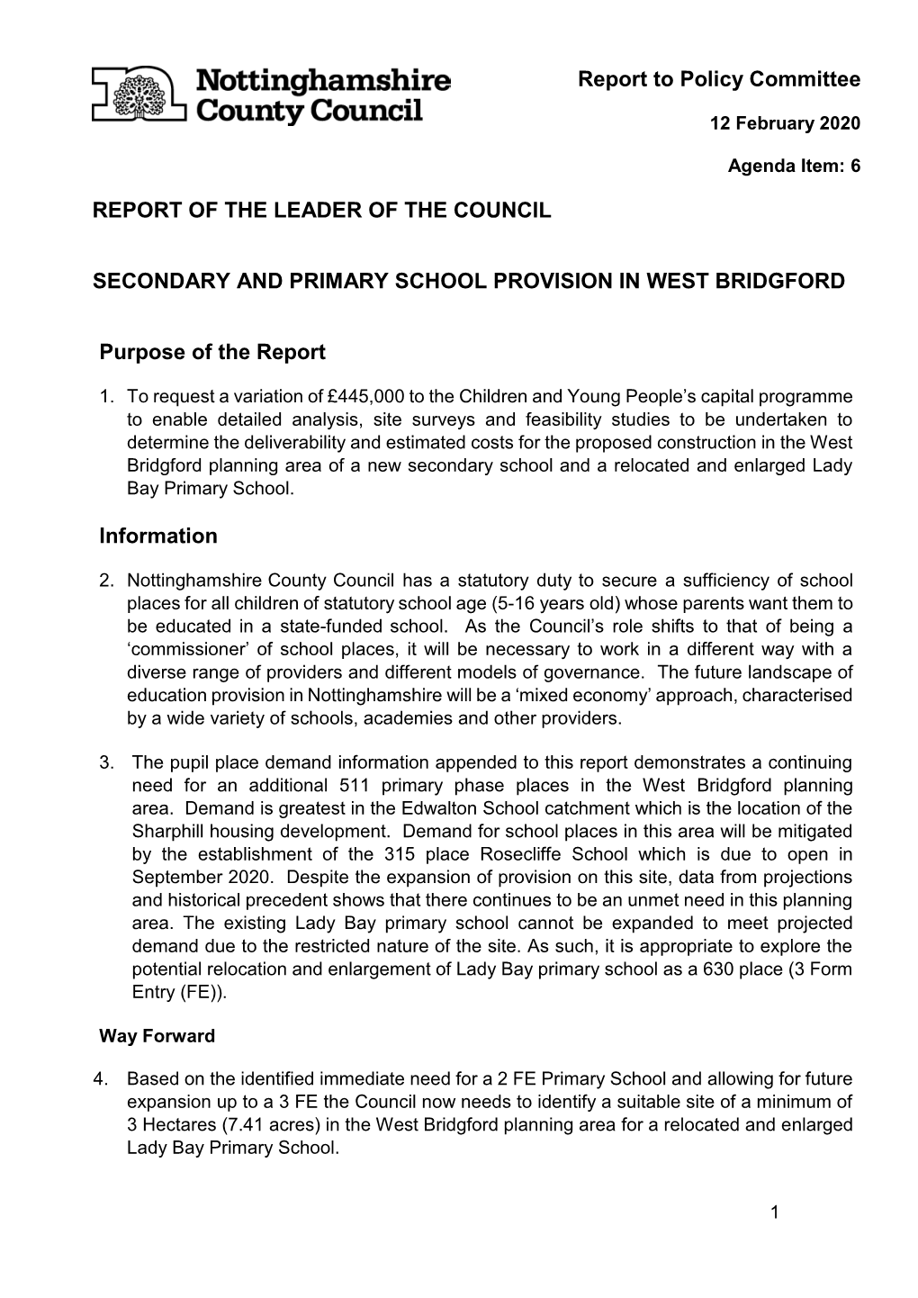 Report to Policy Committee REPORT of THE