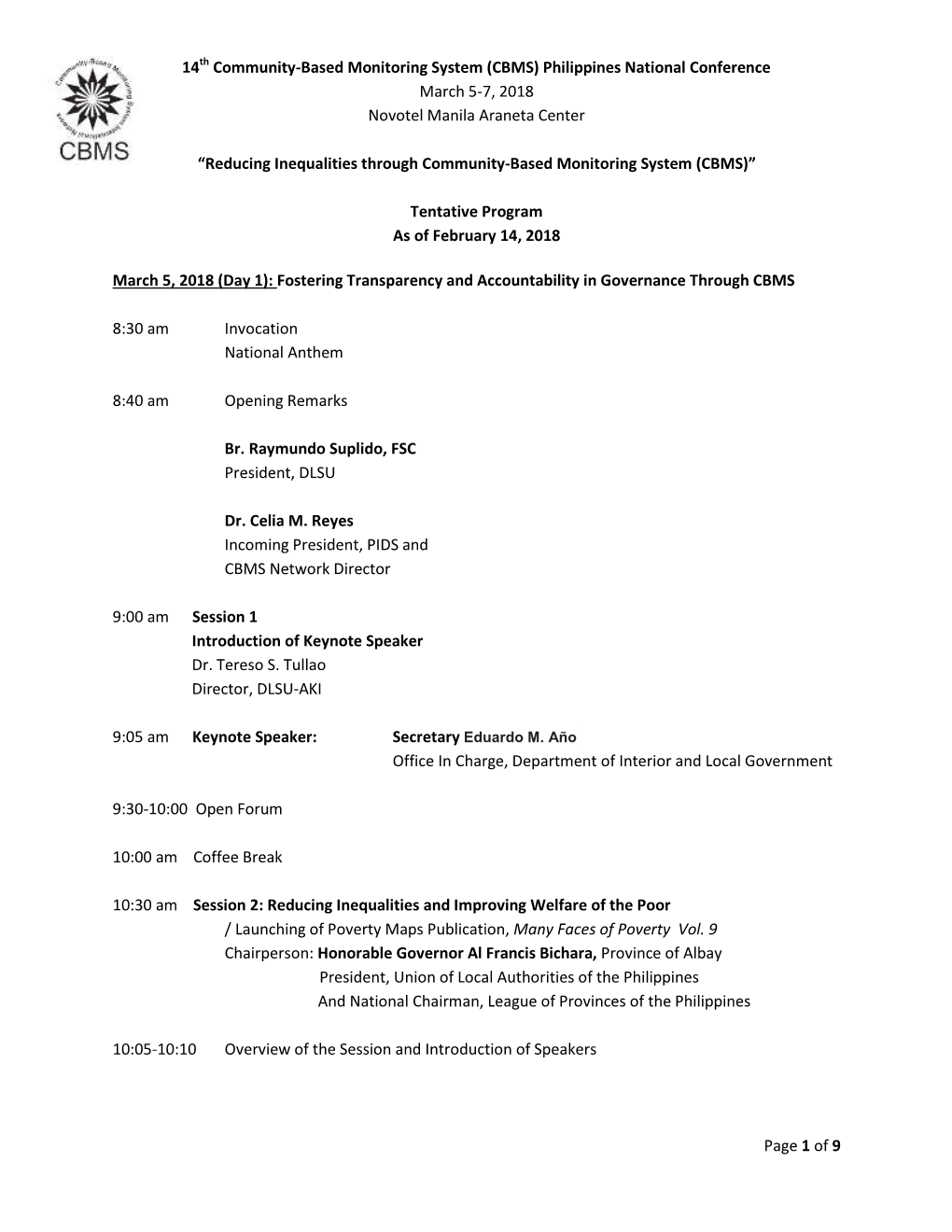 14Th Community-Based Monitoring System (CBMS) Philippines National Conference March 5-7, 2018 Novotel Manila Araneta Center “R