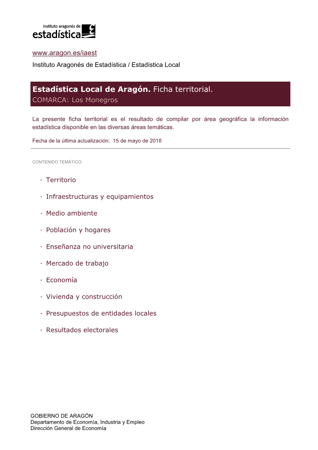 Estadística Local De Aragón. Ficha Territorial. COMARCA: Los Monegros