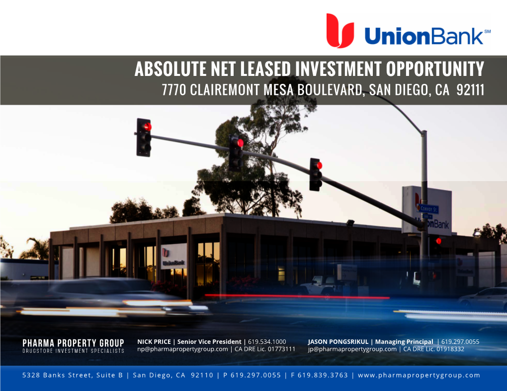 Absolute Net Leased Investment Opportunity 7770 Clairemont Mesa Boulevard, San Diego, Ca 92111