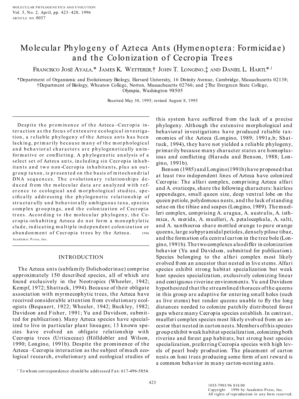 Molecular Phylogeny of Azteca Ants (Hymenoptera: Formicidae) and the Colonization of Cecropia Trees