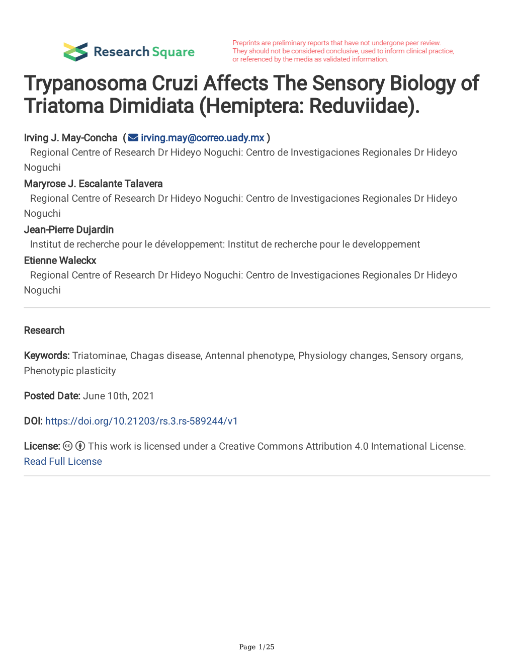 Trypanosoma Cruzi Affects the Sensory Biology of Triatoma Dimidiata (Hemiptera: Reduviidae)