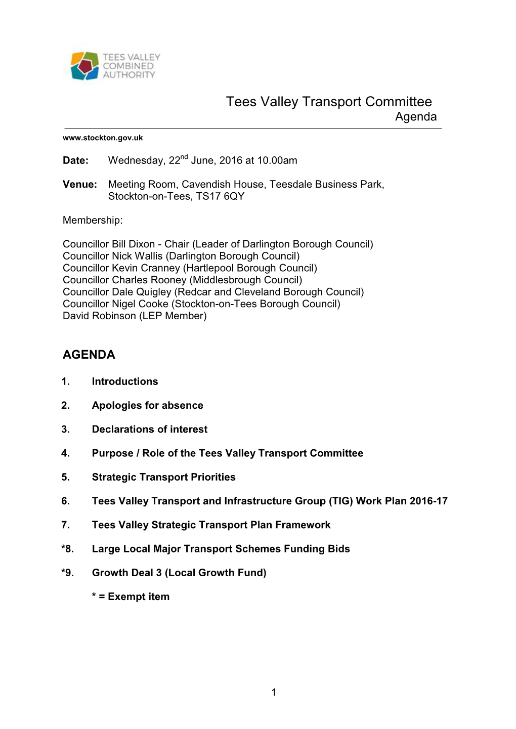Tees Valley Transport Committee Agenda