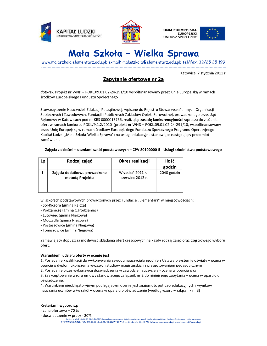 Mała Szkoła – Wielka Sprawa E�Mail: Malaszkola@Elementarz.Edu.Pl; Tel/Fax