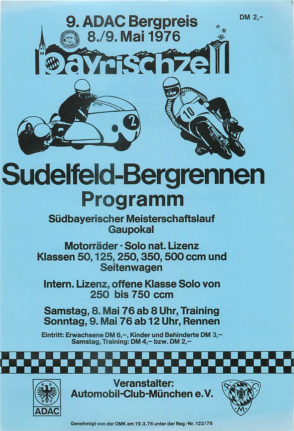 Sudelfeld-Bergrennen Programm Südbayerischer Meisterschaftslauf Gaupokal Motorräder *Solo Nat