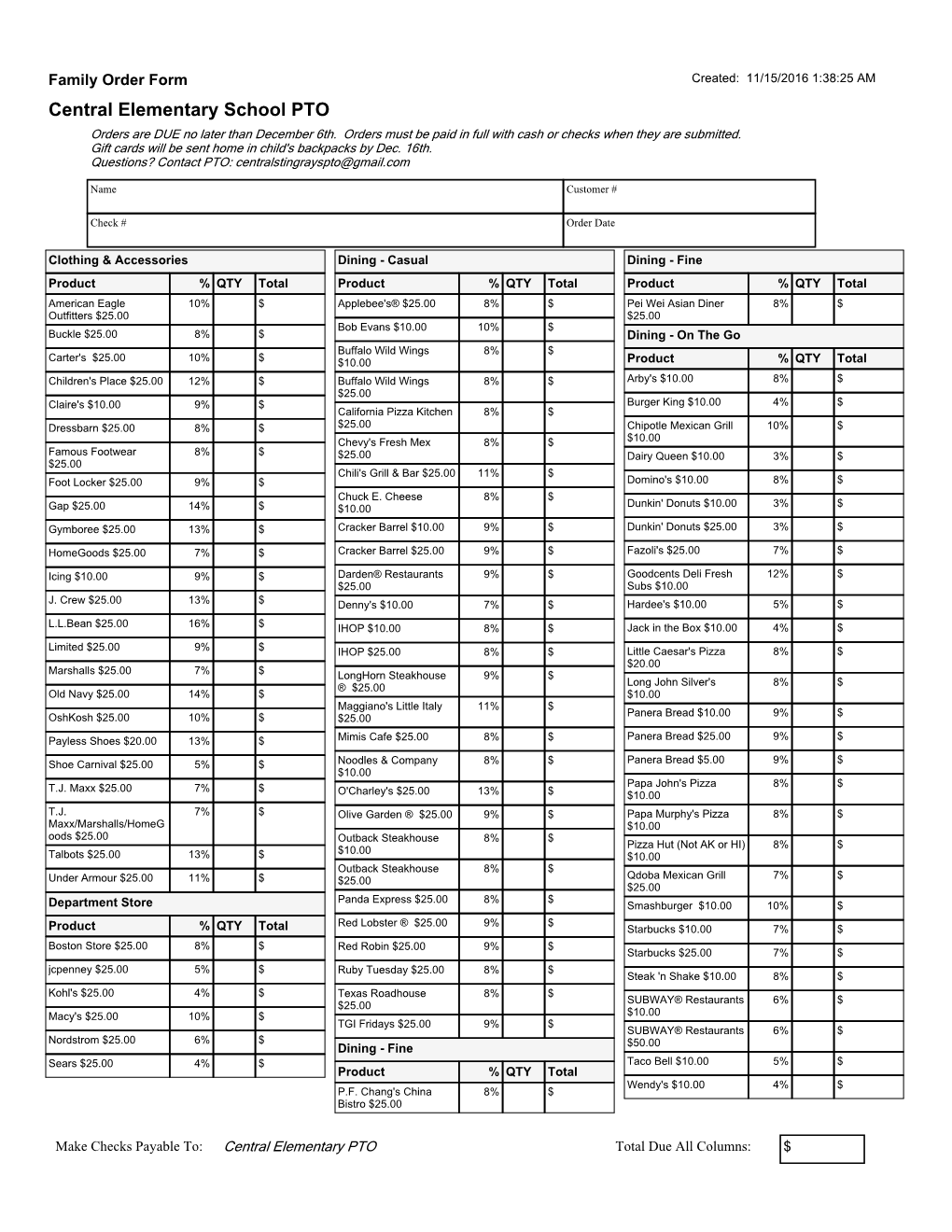 Central Elementary School PTO Orders Are DUE No Later Than December 6Th